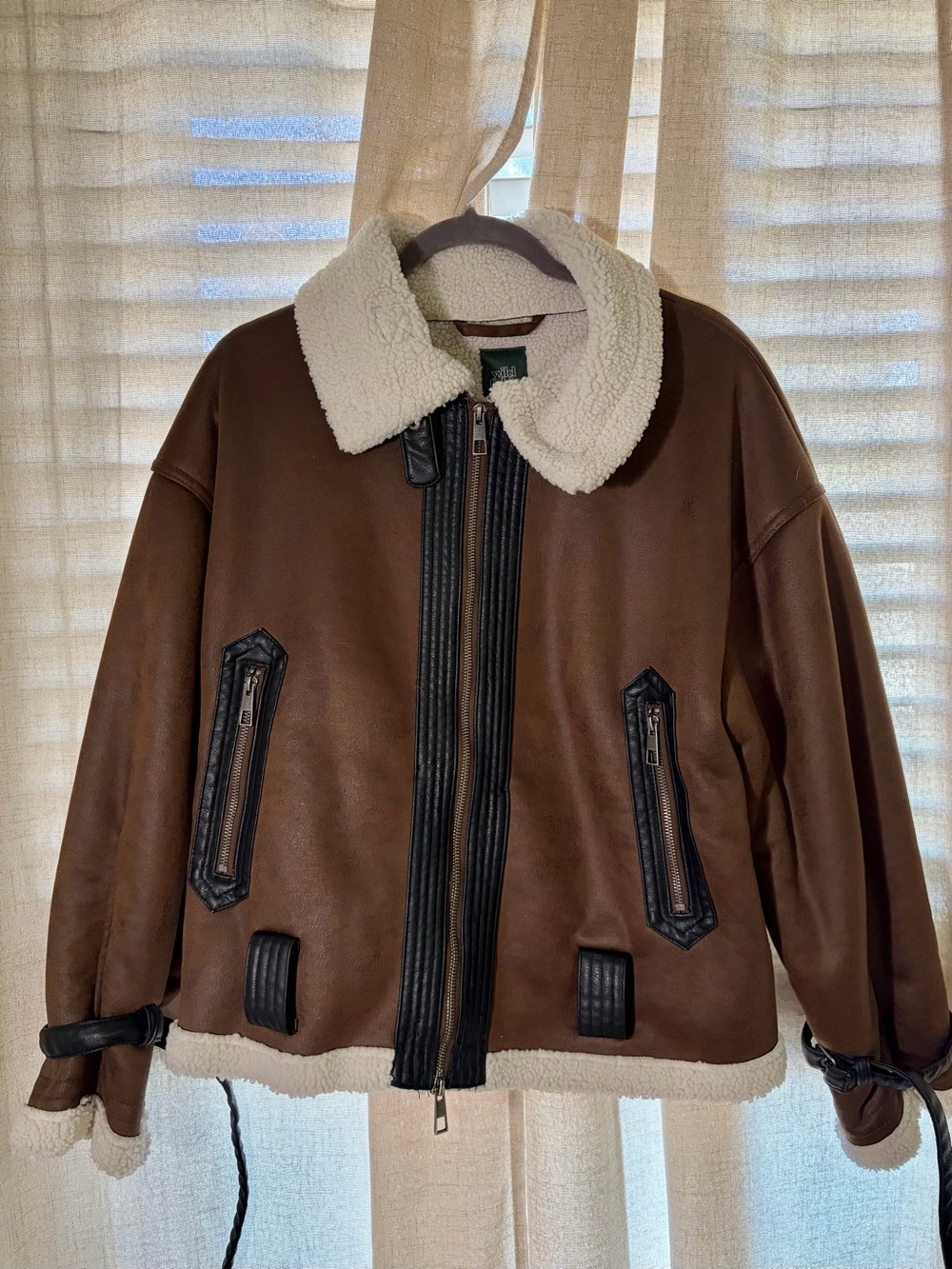 wild fable Brown Faux-Shearling Bomber Jacket with Cream Collar